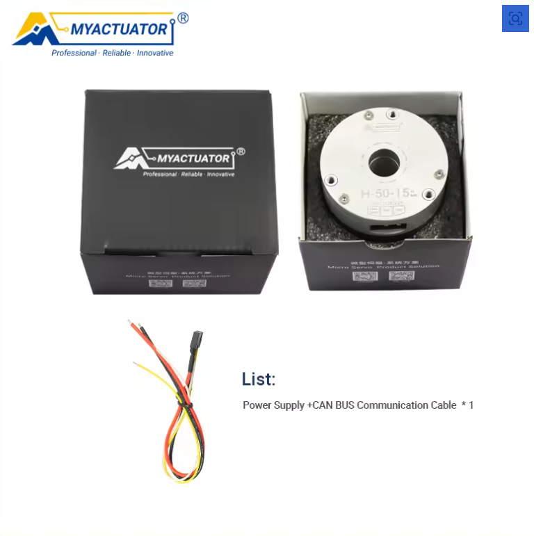 موتور سروو درایو مستقیم MyActuator H-50-15، ولتاژ ۲۴ ولت، رابط CAN Bus، سرعت ۲۵۰۰ دور در دقیقه، گشتاور پیک ۰.۹ نیوتن‌متر، انکودر ۱۷ بیتی، طراحی شفت توخالی