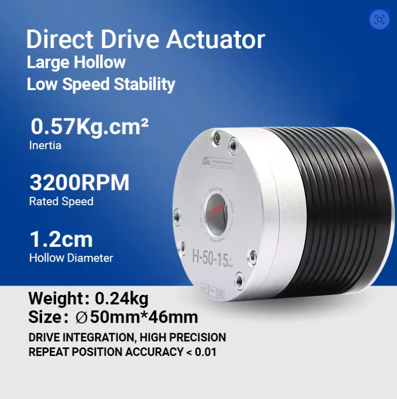 موتور سروو درایو مستقیم MyActuator H-50-15، ولتاژ ۲۴ ولت، رابط CAN Bus، سرعت ۲۵۰۰ دور در دقیقه، گشتاور پیک ۰.۹ نیوتن‌متر، انکودر ۱۷ بیتی، طراحی شفت توخالی