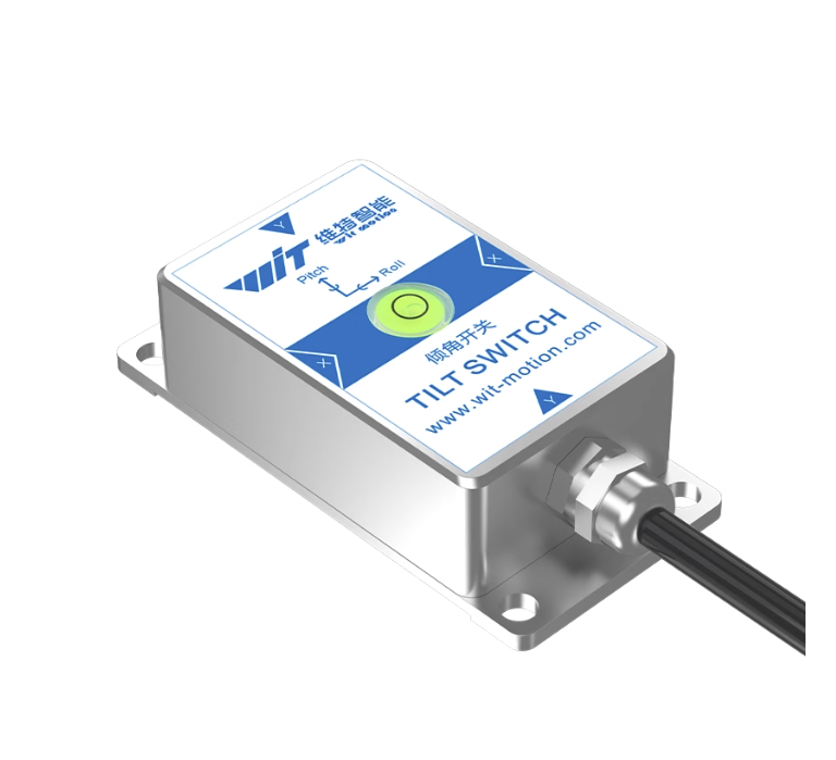 WitMotion Tilt Switch: dual-axis, ±90°, 0.01° resolution, relay output, RS232/TTL, IP67 rated, with pitch and roll indicators.