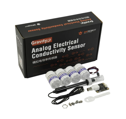 DFRobot Gravity Analog EC Sensor, The Gravity Analog Electrical Conductivity Sensor kit measures conductivity in freshwater and seawater, including sensor, cables, calibration solutions, and accessories.