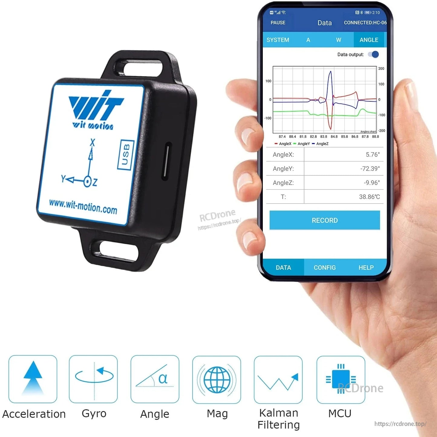 The WitMotion BWT901CL is a 9-axis IMU with Bluetooth, offering acceleration, gyro, angle, magnetometer, Kalman filtering, and MCU. It displays real-time data via an app, supports USB and mobile connectivity for monitoring and recording.