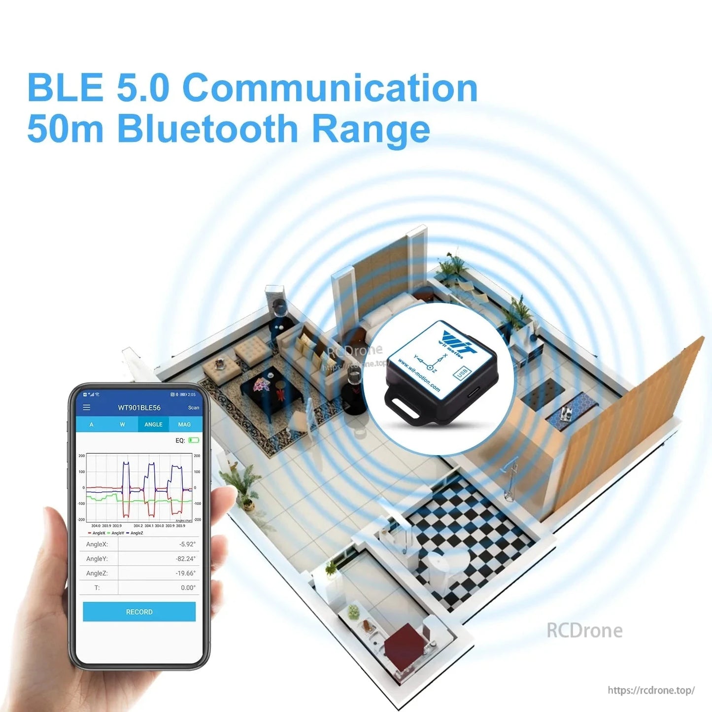 The WT901BLE56 offers BLE 5.0 communication, 9-axis motion sensing, real-time angle measurements, dynamic graphs, and data recording via app or PC, ideal for motion tracking.