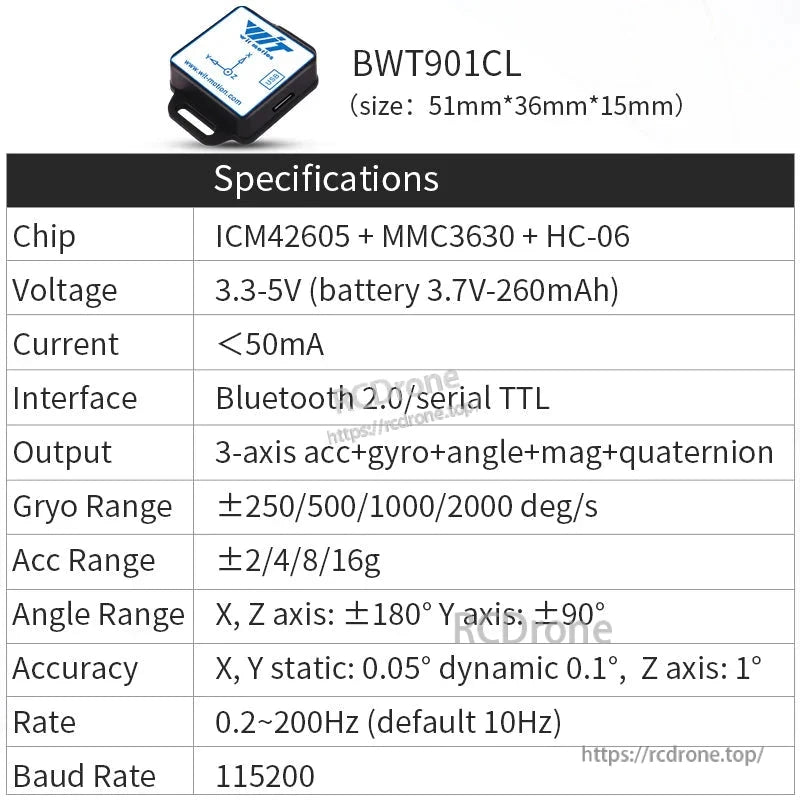 The WitMotion BWT901CL is a 9-axis IMU with ICM42605, MMC3630, and HC-06 chips, featuring Bluetooth 2.0/serial TTL, 3-axis sensors, 0.2–200Hz update rate, 115200 baud, and 3.3–5V operation.