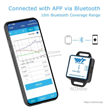 WitMotion BWT901CL 9-axis IMU with Bluetooth offers gyro, inclinometer, accelerometer, Kalman filter, 0.2–200Hz range, real-time data via app, angle/temperature monitoring up to 10m.