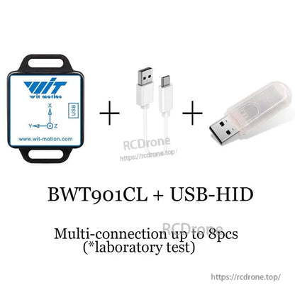 WitMotion BWT901CL 9-axis IMU offers USB-HID, multi-connection for 8 devices, Kalman filter, 0.2–200Hz, compatible with apps/PCs.