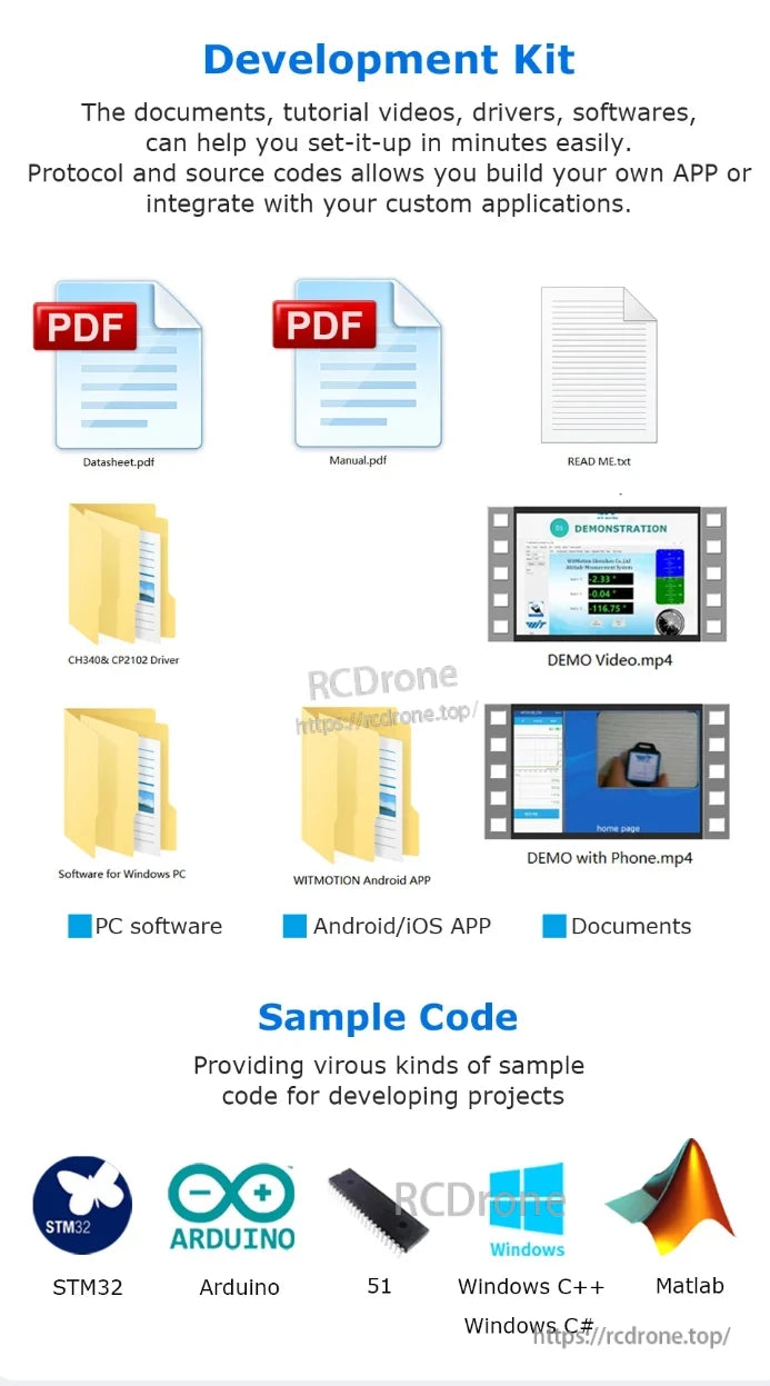 WitMotion BWT901CL IMU, The Development Kit provides datasheets, manuals, drivers, demos, and software for Windows, Android/iOS, with sample code for STM32, Arduino, 51, C++, C#, and Matlab.
