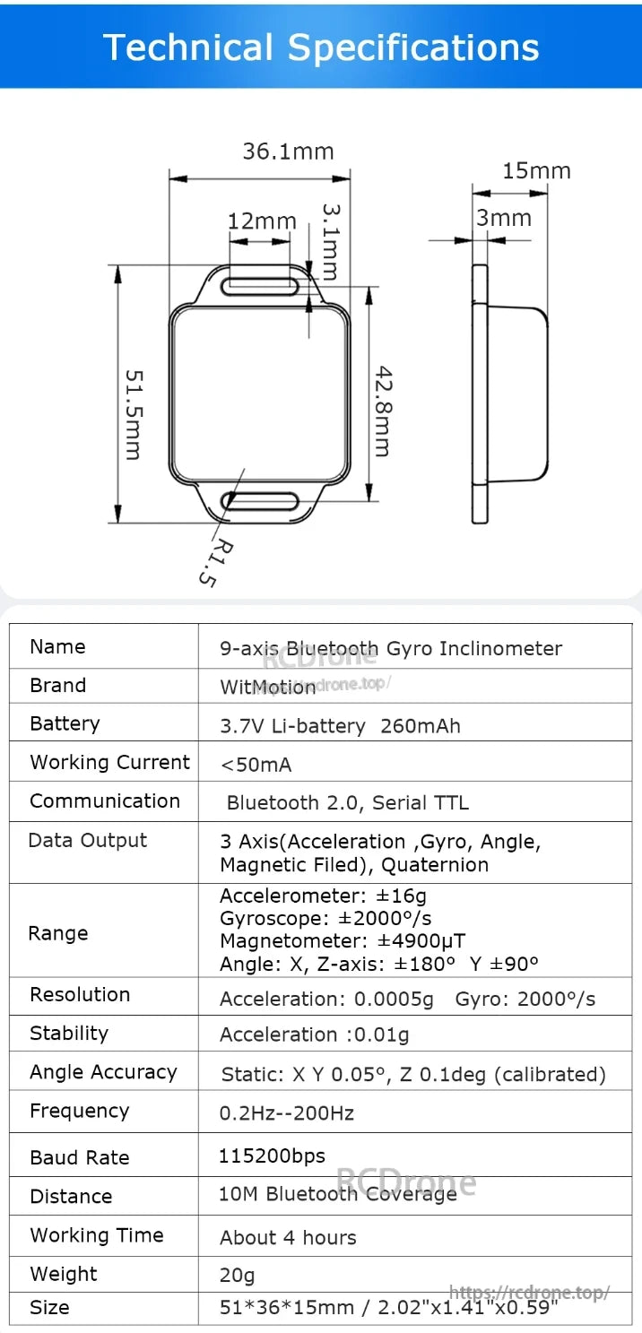 WitMotion BWT901CL IMU, WitMotion 9-axis Bluetooth gyro inclinometer with 3.7V battery, 20g weight, 4-hour use, and ±16g acceleration.