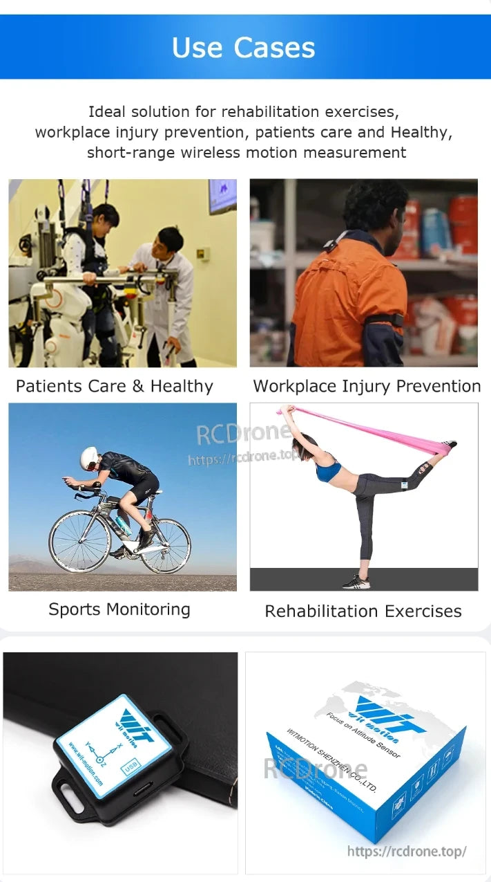 WitMotion BWT901CL IMU used for rehabilitation, injury prevention, patient care, sports monitoring, and motion measurement.