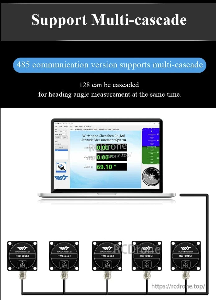 The WitMotion HWT101CT inclinometer supports 485 communication for multi-cascade connections, allowing up to 128 units to measure heading angles simultaneously, viewable on a laptop interface.