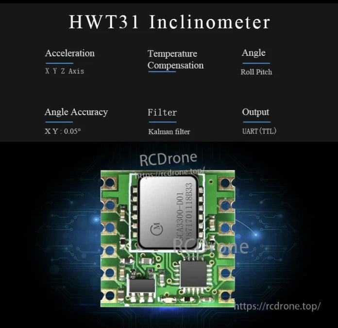WitMotion HWT31 Accelerometer, HWT31 inclinometer features 3-axis acceleration, temperature compensation, roll/pitch angles, 0.05° accuracy, Kalman filter, and UART output.