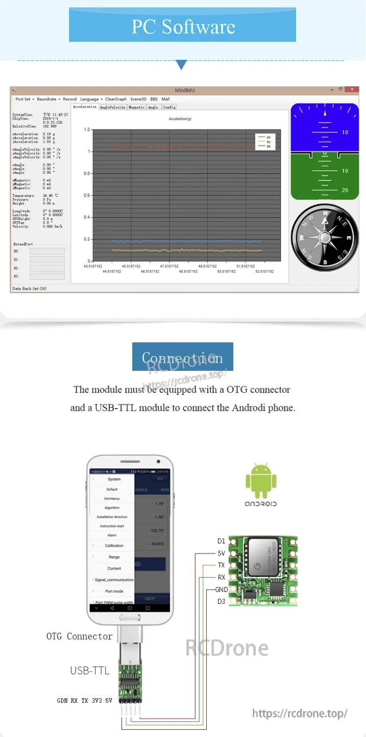 WitMotion HWT31 Accelerometer, Software shows real-time sensor data. Setup uses OTG and USB-TTL for Android, with wiring diagram and labeled pins.