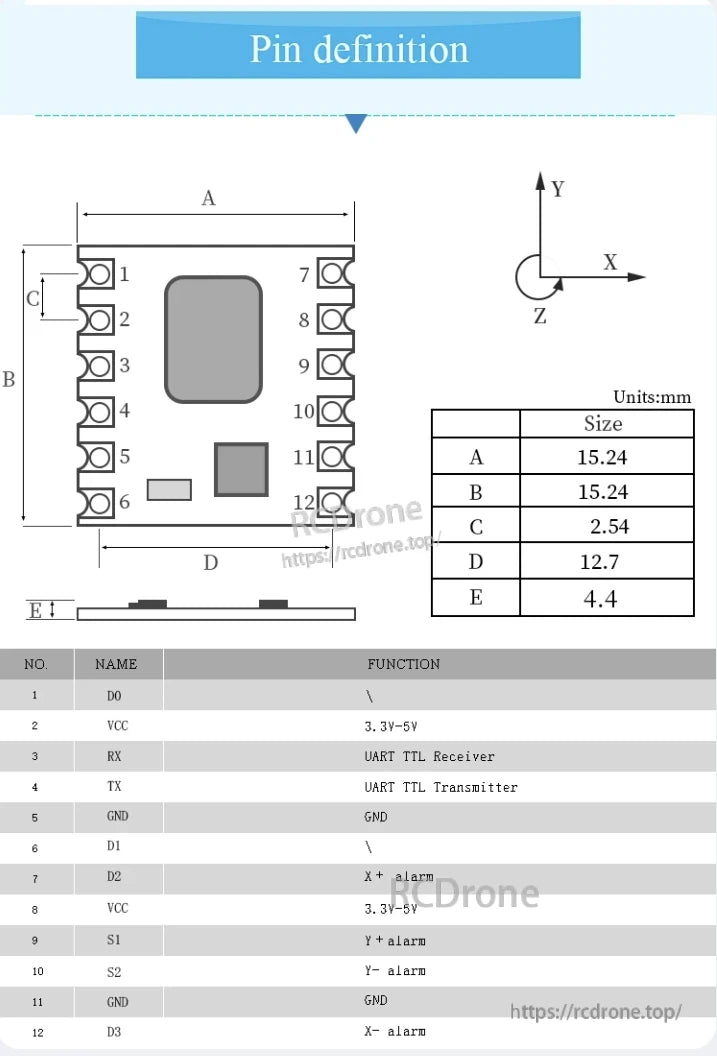 WitMotion HWT31 accelerometer features a 12-pin layout with UART interface, power, ground, and X/Y axis alarm signals.