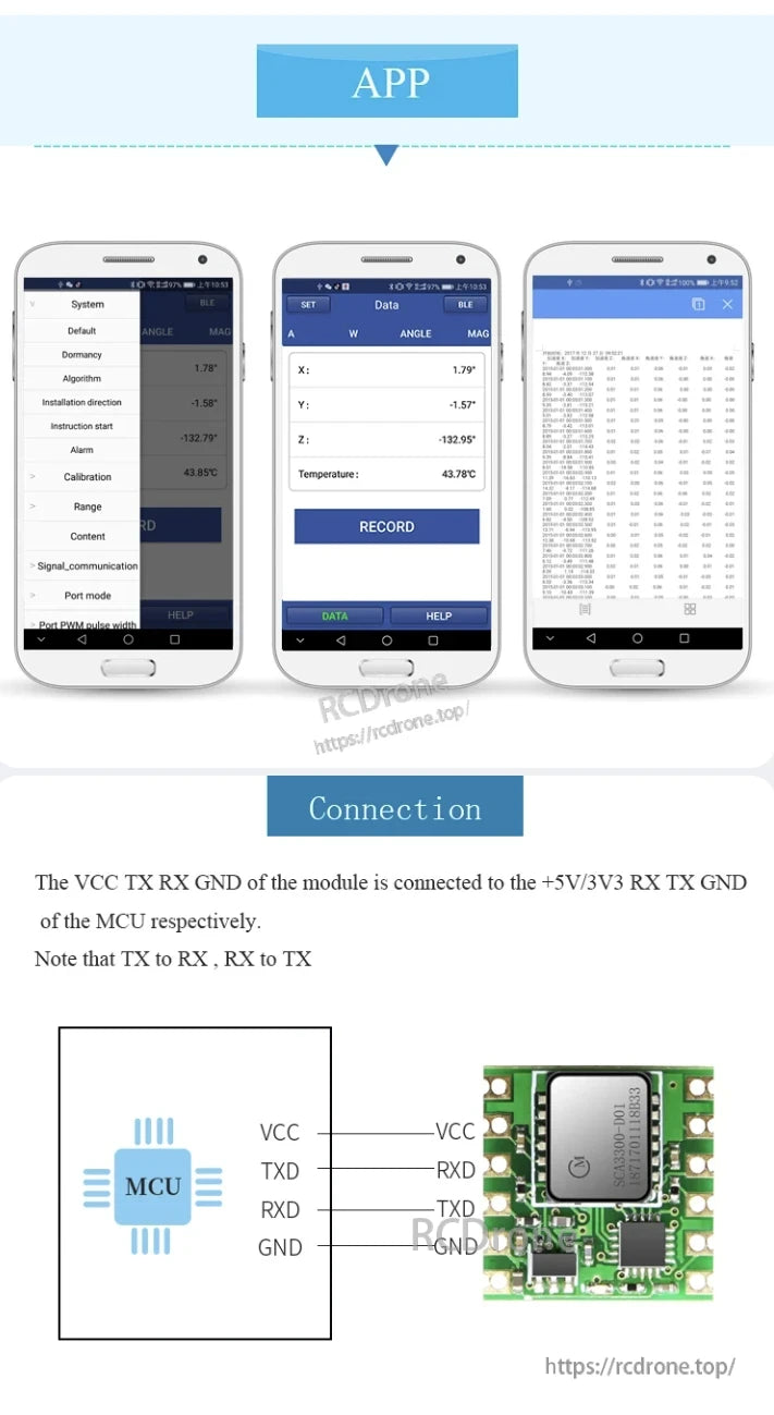 WitMotion HWT31 Accelerometer, The WitMotion HWT31 app shows settings, angles, temperature, and data. The connection diagram illustrates MCU serial wiring via VCC, TXD, RXD, and GND pins.