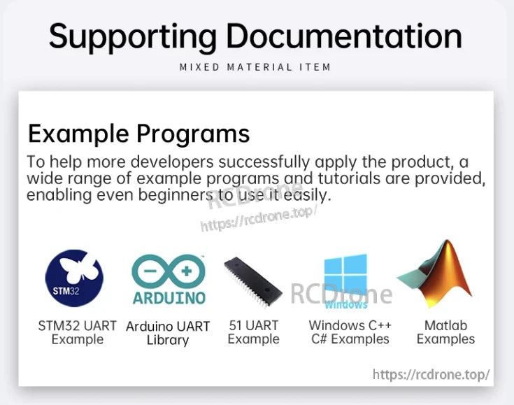 WitMotion HWT601 AGV IMU, Supporting documentation provides example programs for STM32, Arduino, 51 UART, Windows C++, and Matlab to assist developers in applying the product through tutorials and code samples.