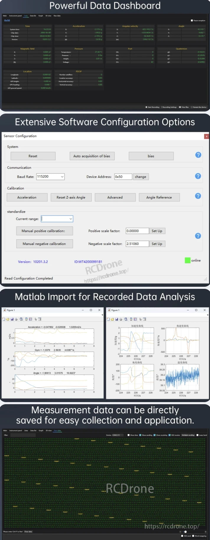 WitMotion HWT601 AGV IMU, A powerful data dashboard offers real-time sensor readings, software configuration, MATLAB import, and direct data saving for easy analysis and application.