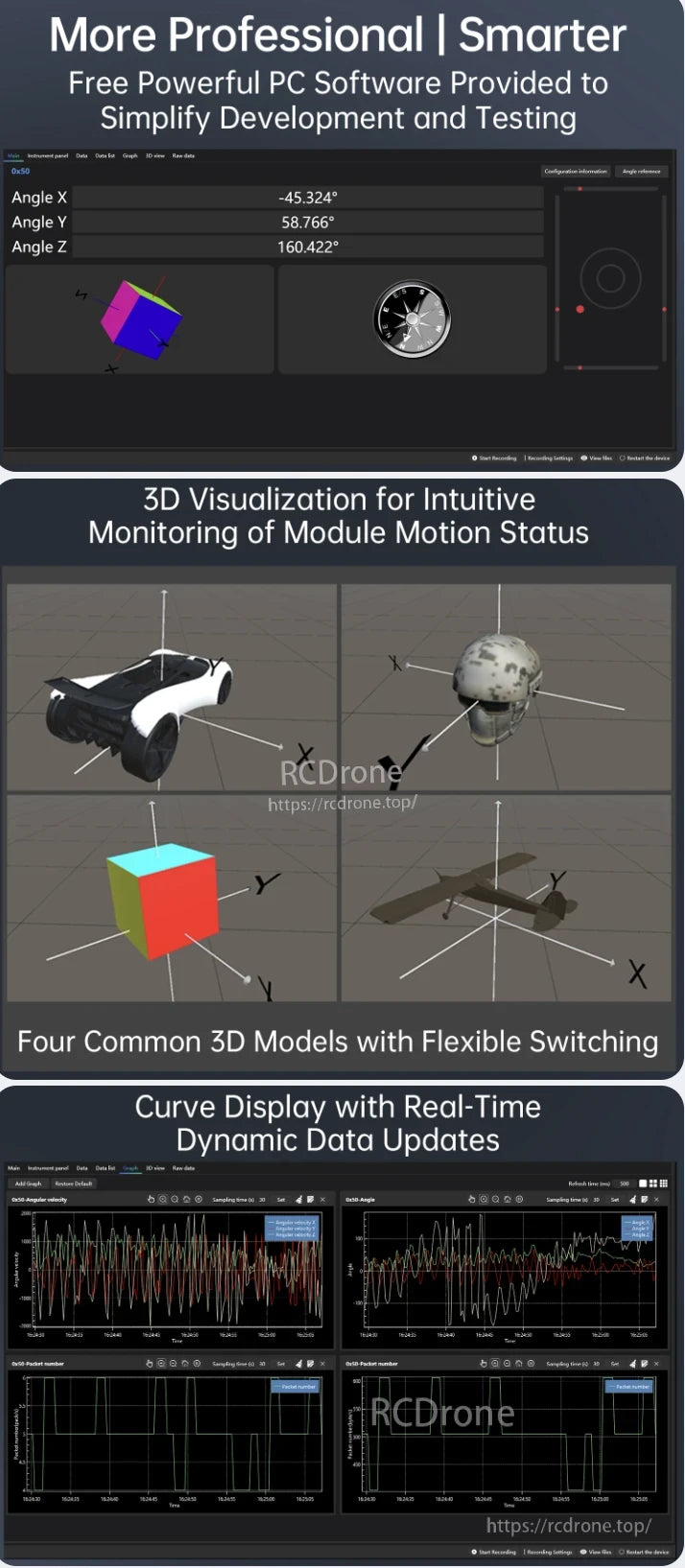 Professional PC software for WitMotion HWT601 AGV IMU provides real-time 3D visualization, angle monitoring, dynamic curves, motion tracking, model switching, and live data updates for efficient development and testing.