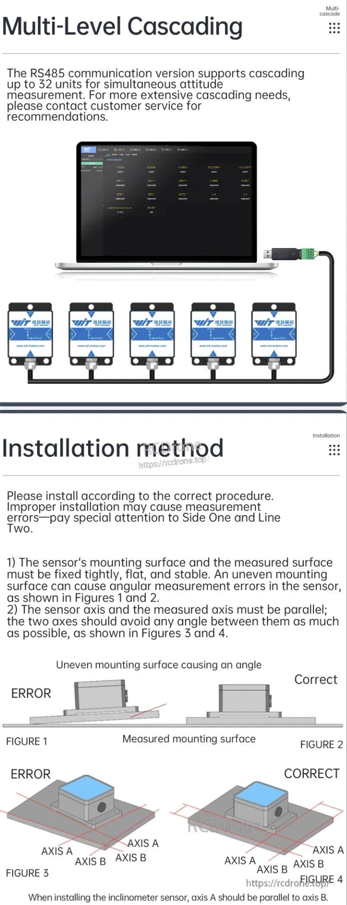 The WitMotion HWT601 AGV IMU supports up to 32 cascading units via RS485 for attitude measurement; proper mounting is essential for accuracy.