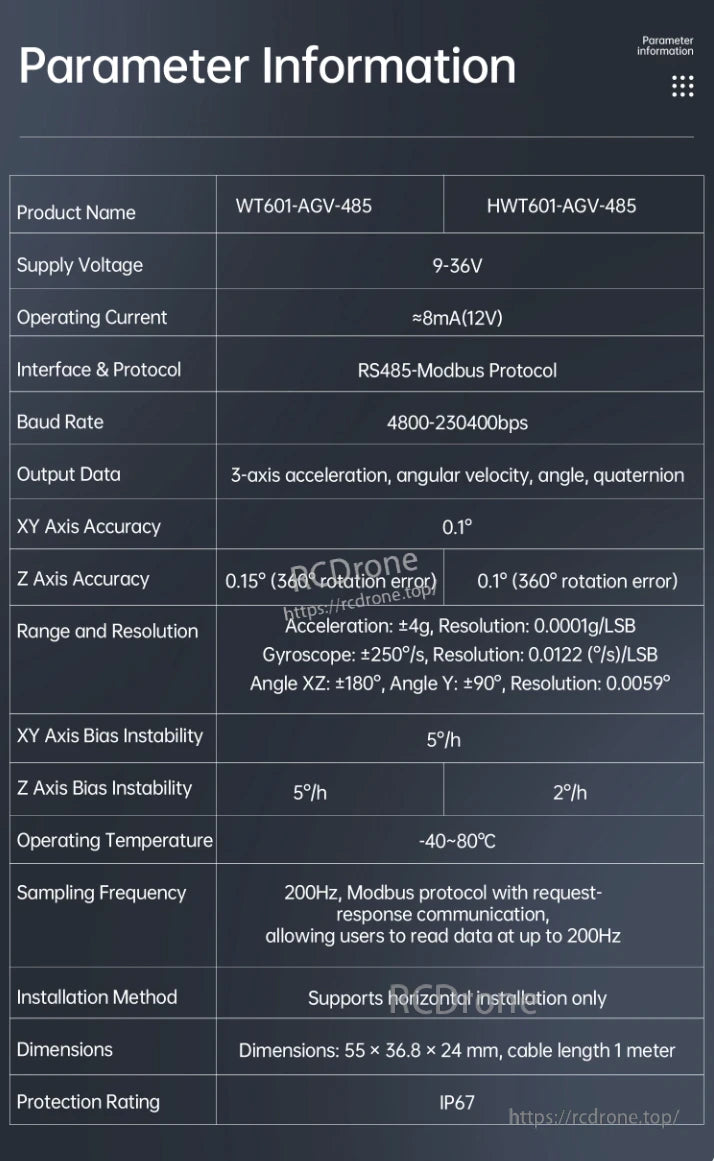 WitMotion HWT601 AGV IMU, The HWT601-AGV-485 IMU provides high-resolution 3-axis data with wide voltage, RS485-Modbus, 200Hz sampling, ±4g, ±250°/s, IP67, -40~80°C.