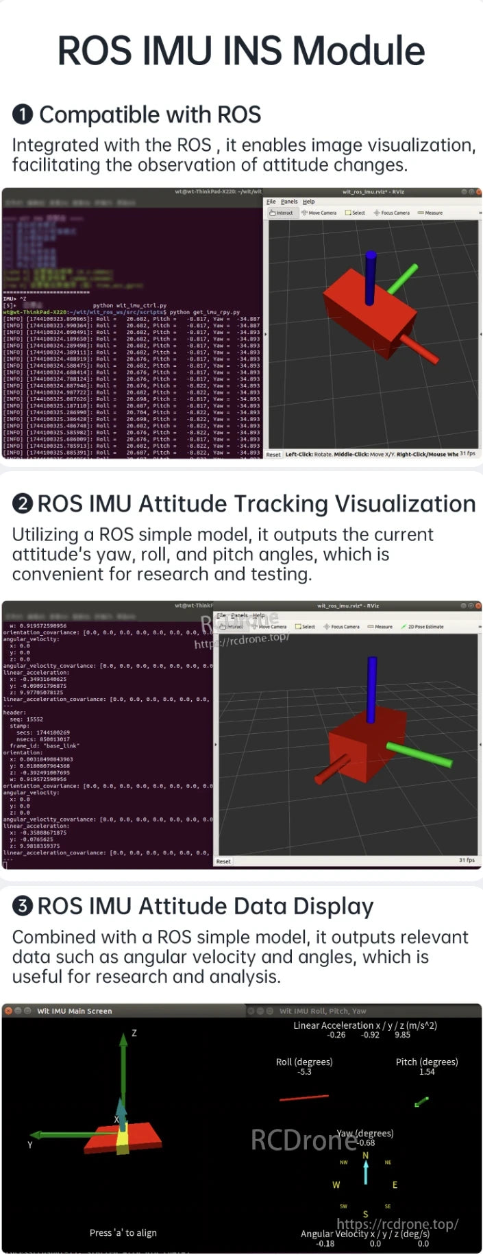 WitMotion HWT601 AGV IMU, The ROS IMU INS Module provides ROS compatibility, visualizes attitude tracking, and displays real-time motion data for research.