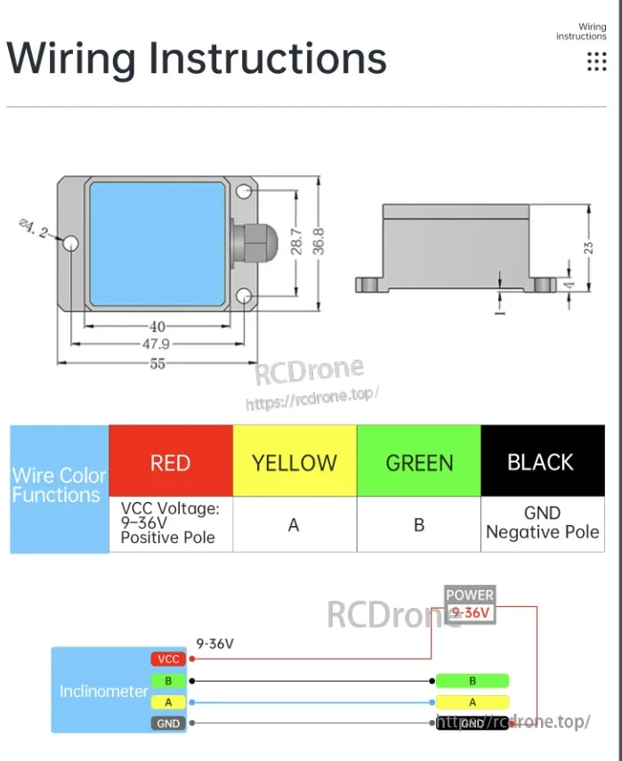 WitMotion HWT601 AGV IMU wiring: red (9-36V), yellow (A), green (B), black (GND). Includes dimensions and connection diagram.