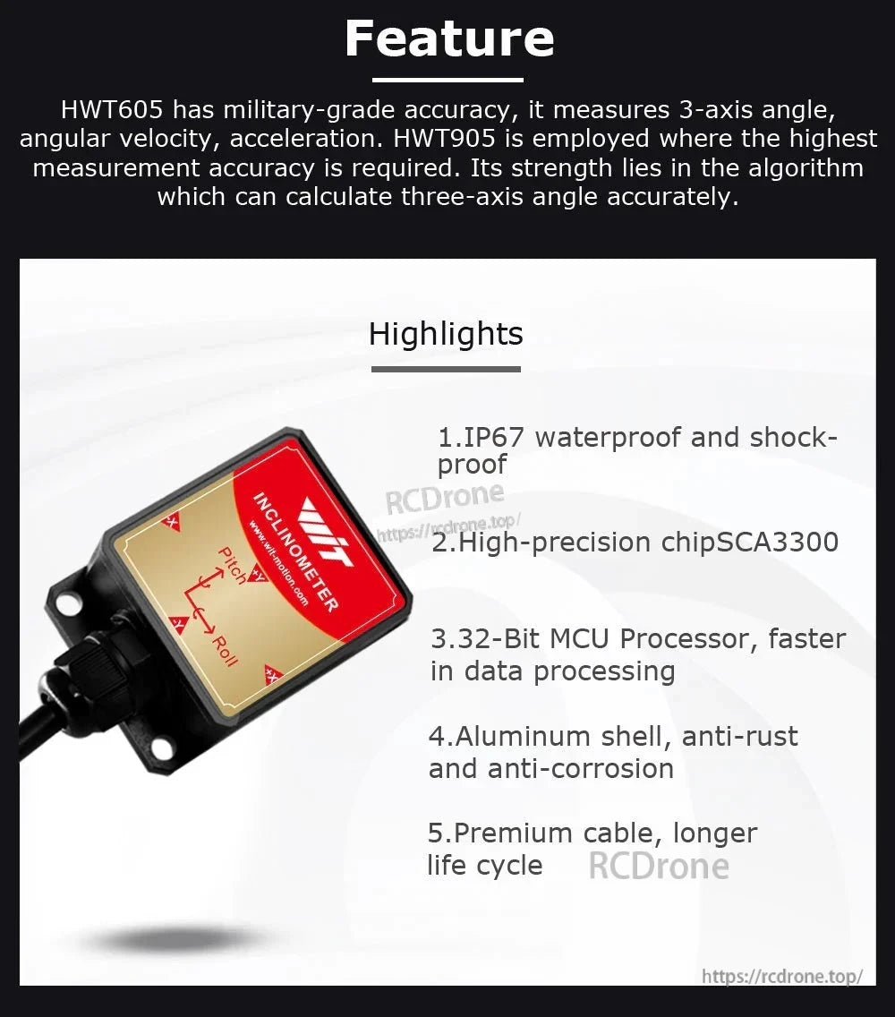 The WitMotion HWT605 inclinometer provides military-grade accuracy with 3-axis measurement, IP67 waterproofing, SCA3300 chip, 32-bit MCU, aluminum shell, and durable cable.