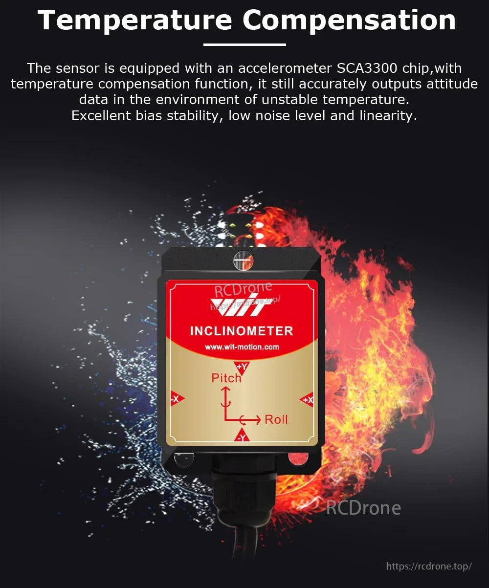 The WitMotion HWT605 inclinometer with SCA3300 chip provides accurate attitude data through temperature compensation.