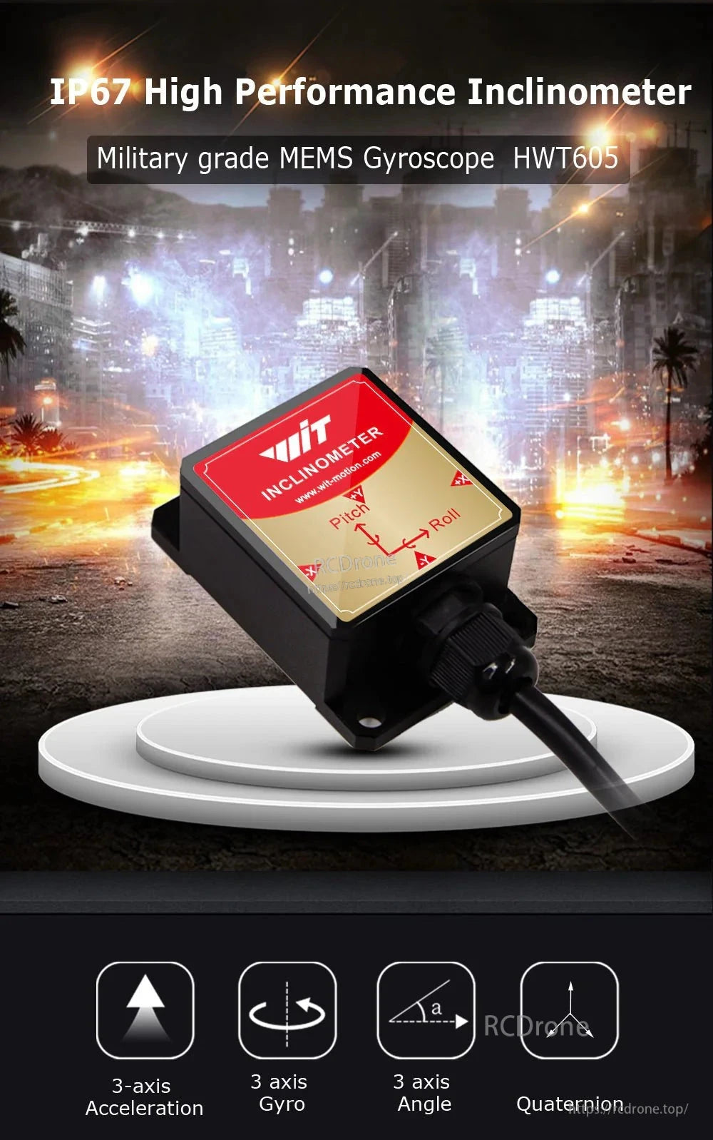 WitMotion HWT605 Inclinometer, The HWT605 IP67 inclinometer features a military-grade MEMS gyroscope with 3-axis acceleration, gyro, angle, and quaternion capabilities.