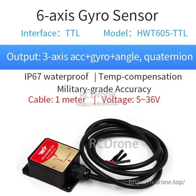 WitMotion HWT605 Inclinometer, The HWT605-TTL 6-axis gyro sensor offers TTL interface, 3-axis acc+gyro+angle, IP67 waterproof, temperature compensated, military-grade accuracy, 1m cable, 5-36V.