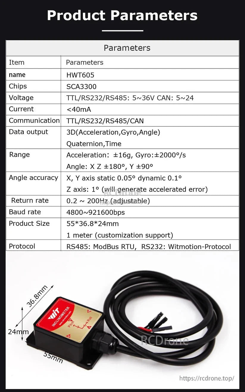 The WitMotion HWT605 inclinometer features a SCA3300 chip, 3D output, multiple interfaces, ModBus RTU, and Witmotion protocol in a compact 55×36.8×24mm size.