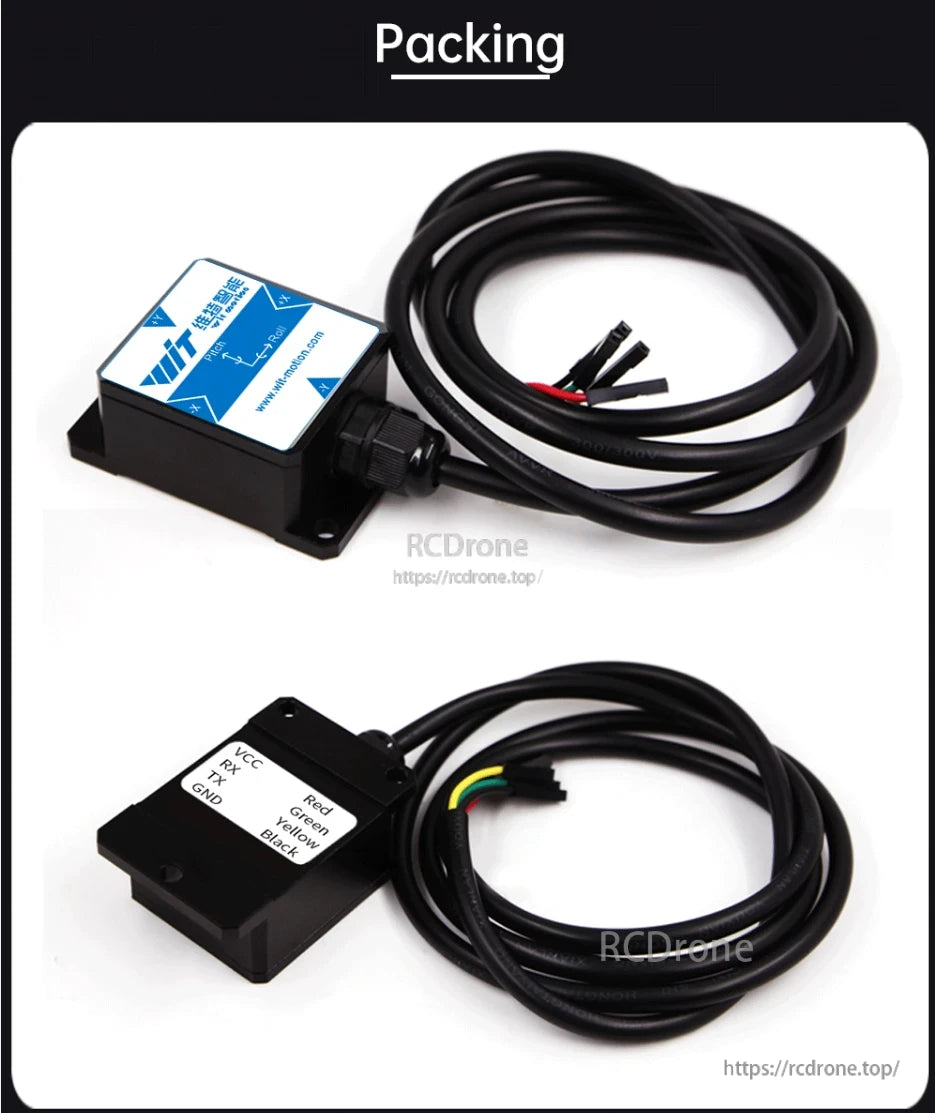 WitMotion HWT901B accelerometer with cable, labeled VCC, RX, TX, GND and color-coded wires.