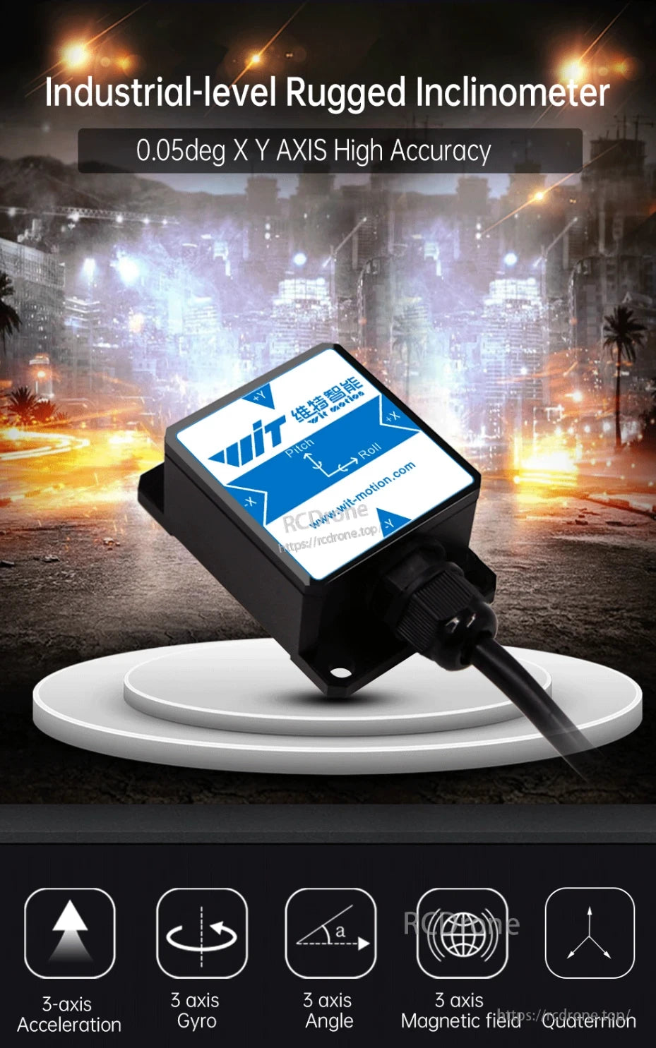 WitMotion HWT901B Accelerometer, Industrial rugged inclinometer with 0.05° XY accuracy, 3-axis acceleration, gyro, angle, magnetic field, and quaternion capabilities.