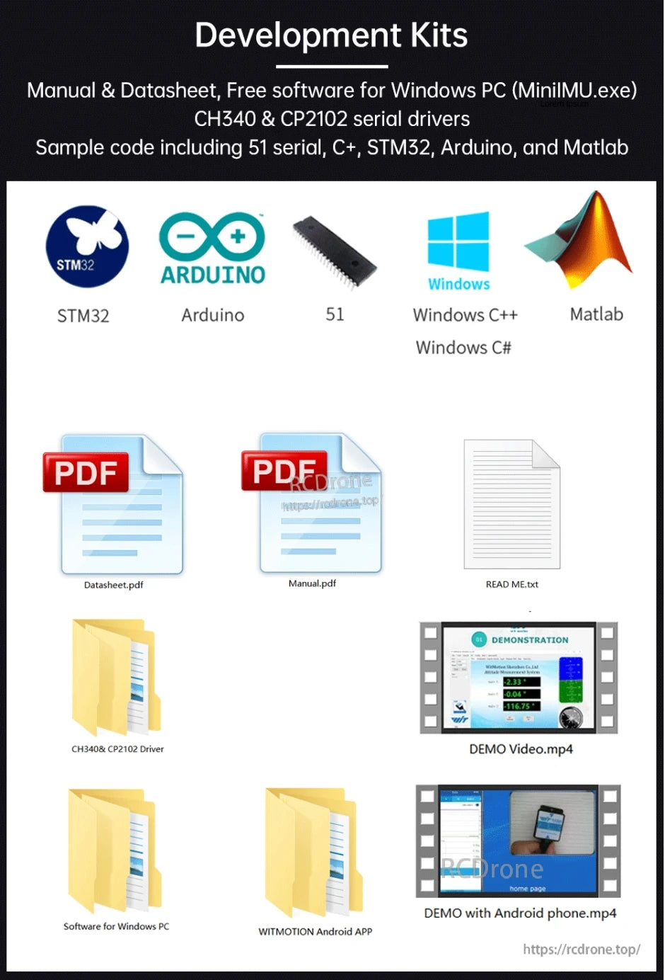 WitMotion HWT901B Accelerometer, Development Kits include manuals, datasheets, software, drivers, sample code, PDFs, demos, and an Android app.