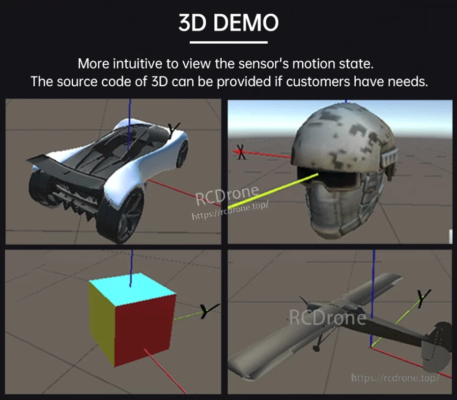WitMotion HWT901B Accelerometer, 3D demo of sensor motion state visualization with car, helmet, cube, and drone models.