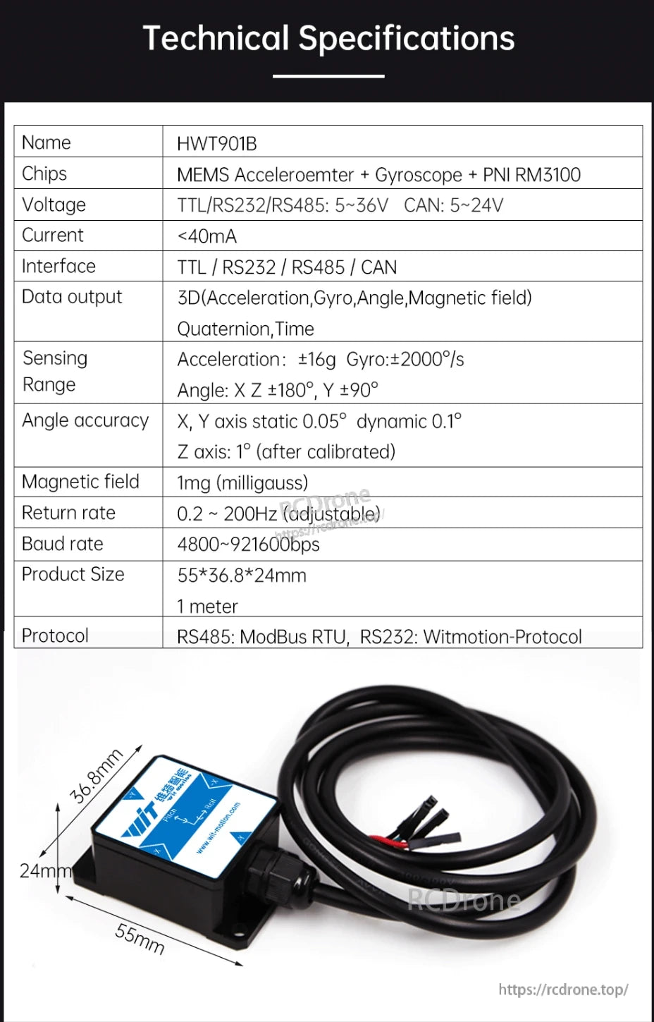 WitMotion HWT901B Accelerometer, The HWT901B is a compact 3D sensor with MEMS accelerometer, gyroscope, and magnetometer, offering high accuracy and multiple interface options.