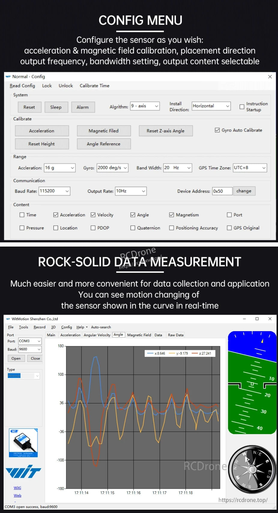 The WitMotion HWT901B accelerometer features configurable calibration, output frequency, and data content, offering real-time motion data visualization with precise angle, acceleration, and magnetic field measurements.