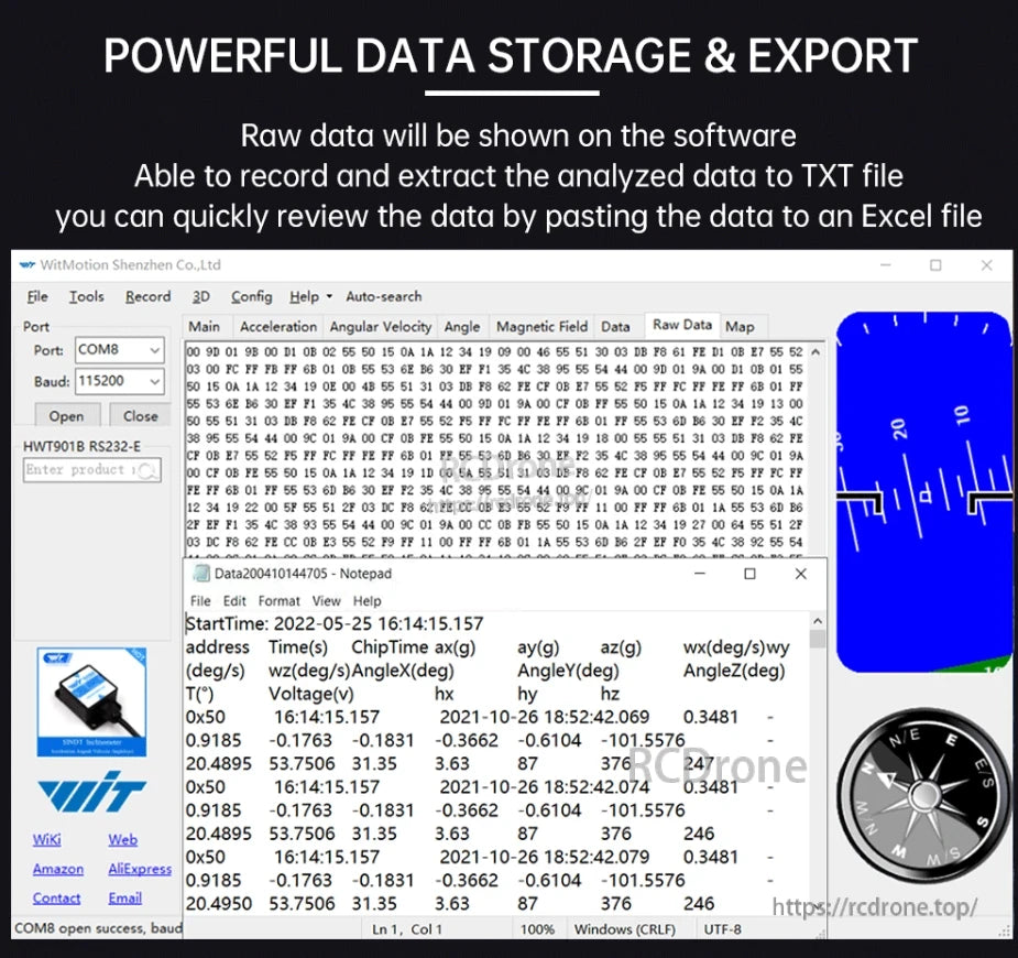 The WitMotion HWT901B accelerometer provides real-time data, storage, timestamped logs, compass visualization, software display, TXT saving, and Excel compatibility for analysis.