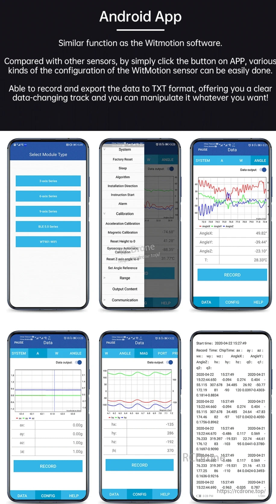 WitMotion HWT901B Accelerometer, Android app for configuring WitMotion sensors, recording and exporting data. Supports module selection, calibration, real-time display, TXT export, and various sensor types.