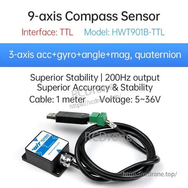 The HWT901B-TTL 9-axis compass sensor offers 3-axis acc, gyro, angle, mag, quaternion, 200Hz output, 5-36V, 1m cable, superior stability, and accuracy.