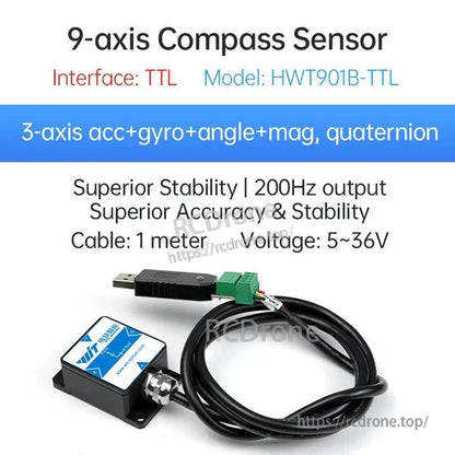 The HWT901B-TTL 9-axis compass sensor offers 3-axis acc, gyro, angle, mag, quaternion, 200Hz output, 5-36V, 1m cable, superior stability, and accuracy.
