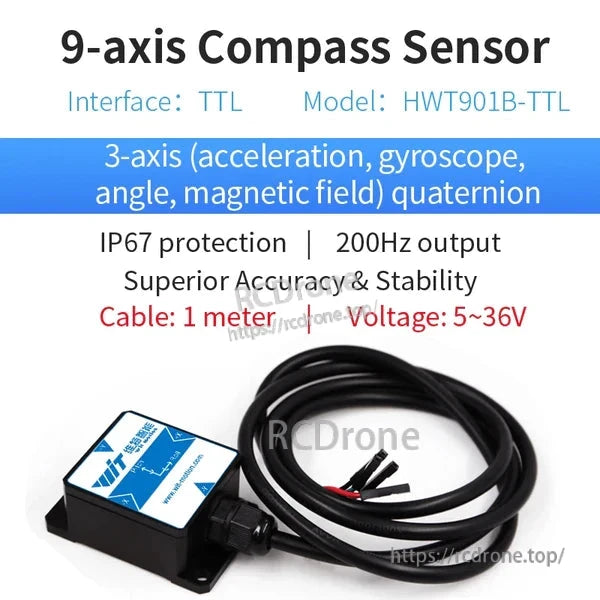 The HWT901B-TTL 9-axis compass sensor offers high accuracy and stability with 3-axis acceleration, gyroscope, angle, magnetic field, and quaternion output. It features a TTL interface, IP67 protection, 200Hz output, 1-meter cable, and 5-36V voltage.