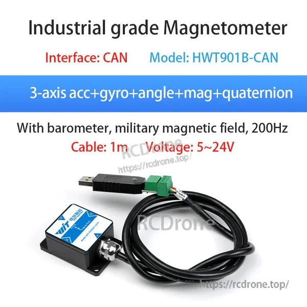 Industrial magnetometer HWT901B-CAN with CAN interface, 3-axis sensors, barometer, 200Hz, 5-24V, 1m cable.