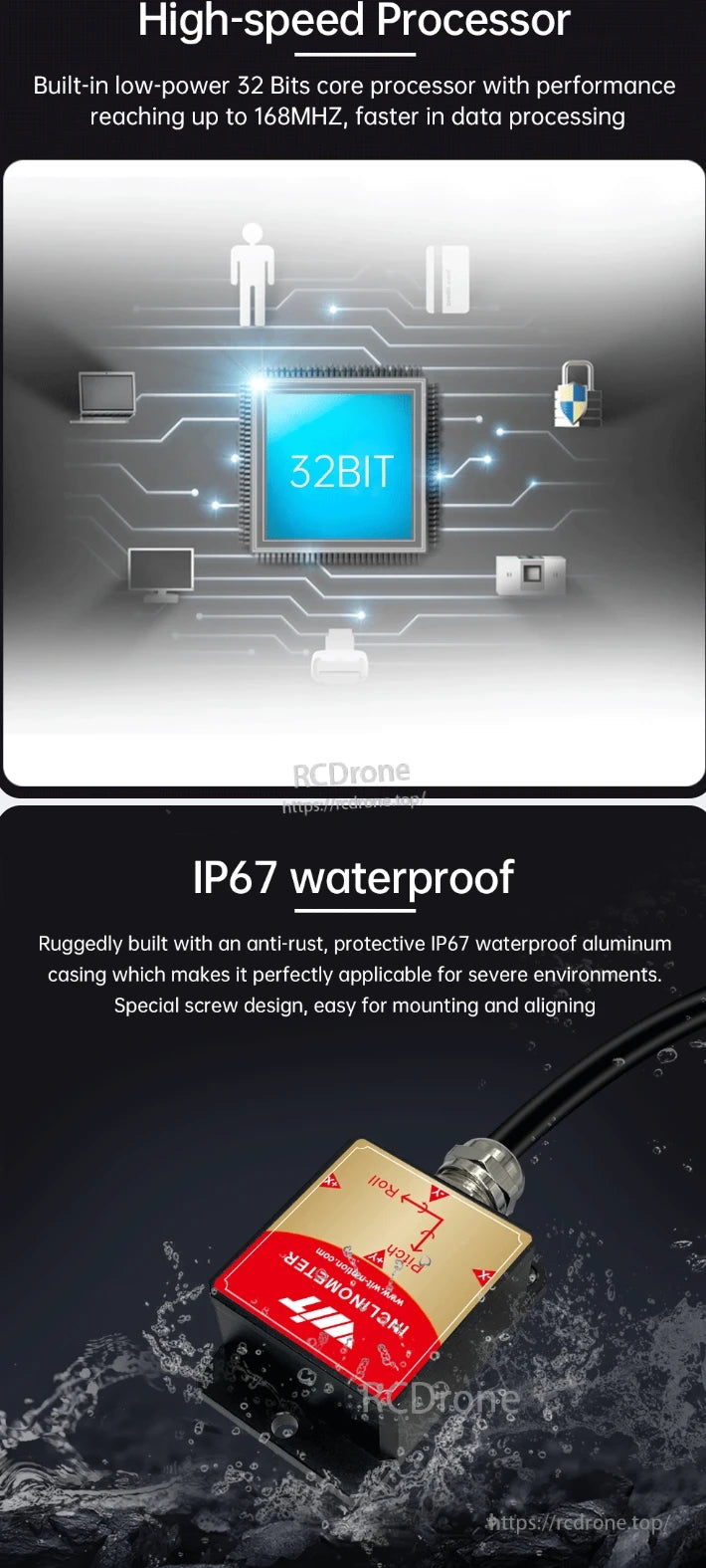 WitMotion HWT905 AHRS, A 32-bit processor up to 168MHz ensures fast data processing. The IP67 waterproof aluminum casing provides anti-rust protection, suitable for harsh environments. Special screw design simplifies mounting and alignment.