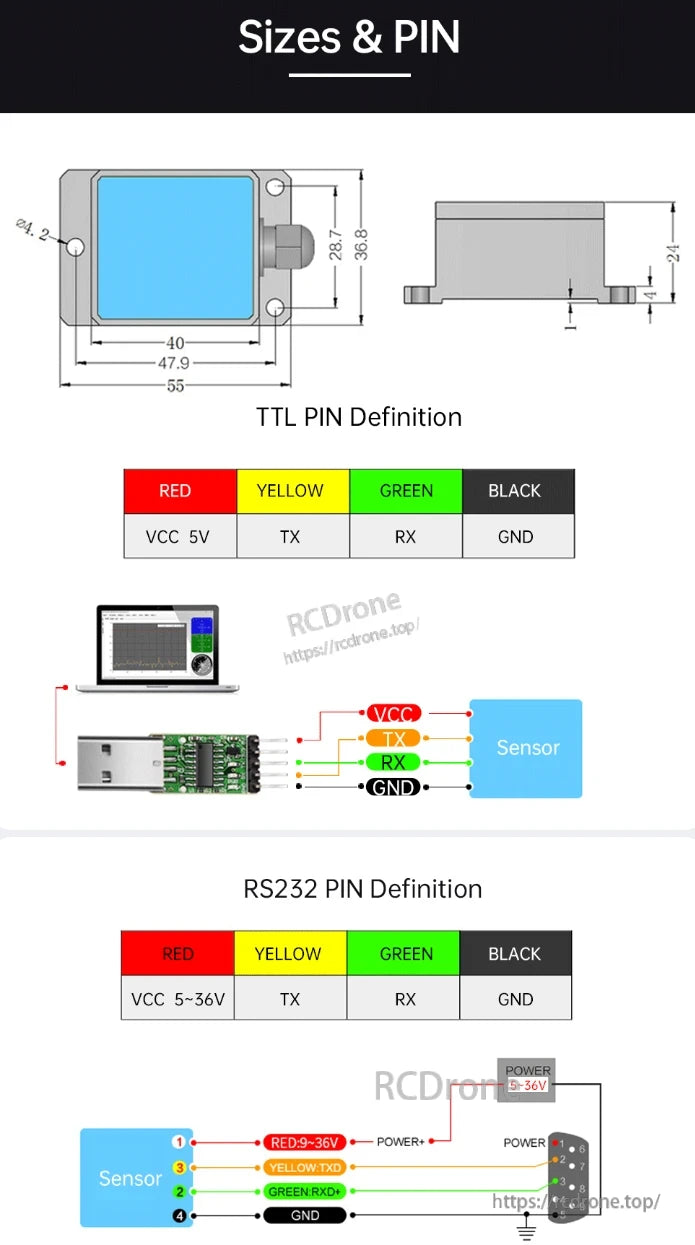 The WitMotion HWT905 AHRS has dimensions of 55x47.9x36.8mm, a 24.2mm mounting hole, supports TTL/RS232 interfaces, and connects via USB-TTL or RS232 with defined pin wiring.