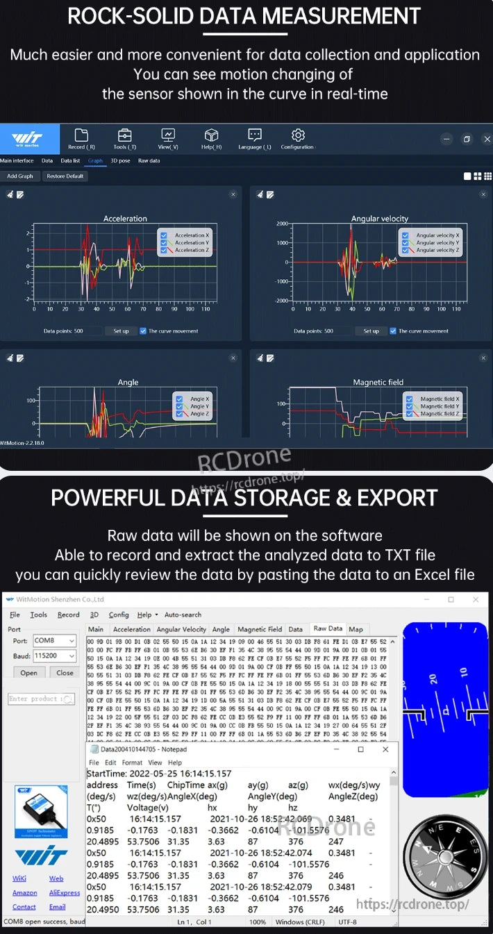 The WitMotion HWT905 AHRS provides real-time motion data with storage and export capabilities for accurate analysis.