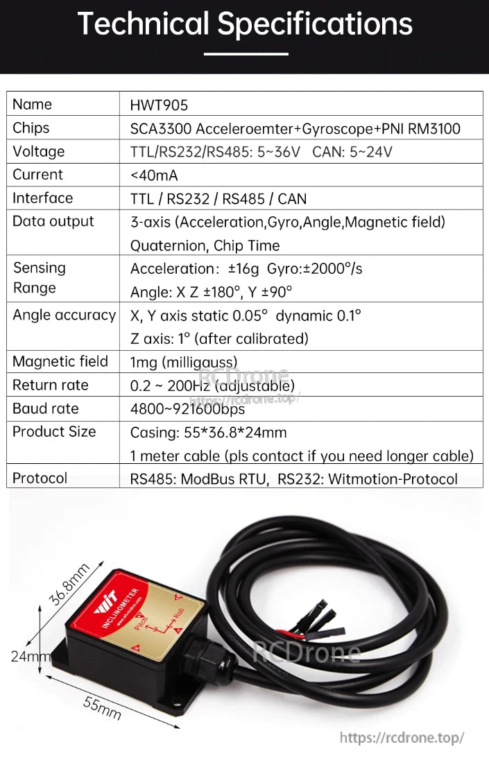 The WitMotion HWT905 AHRS features SCA3300 and PNI RM3100 chips, offers multiple communication interfaces, 3-axis sensing, compact size, and precise motion detection.