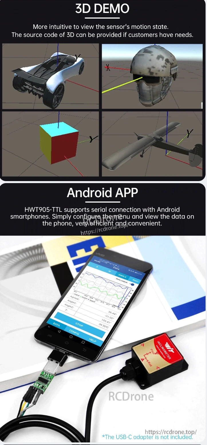 WitMotion HWT905 AHRS, 3D demo visualizes sensor motion with car, helmet, cube, and drone models. Android app connects via serial to HWT905-TTL for real-time angles and graphs. USB-C adapter not included.