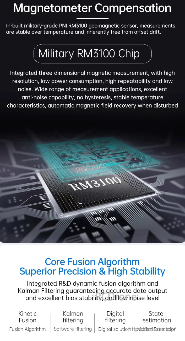The WitMotion HWT905 AHRS features a military-grade RM3100 magnetometer and employs Kalman filtering for accurate, stable, low-noise motion estimation.