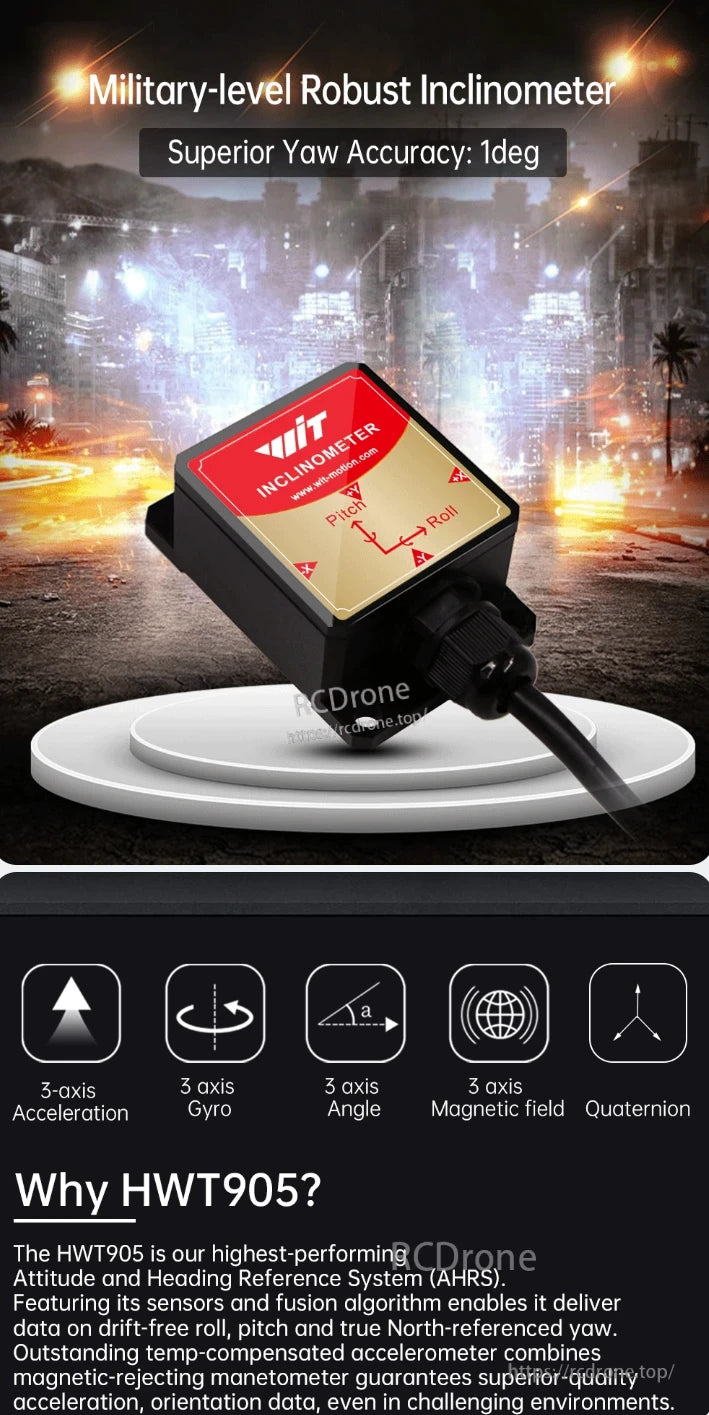 WitMotion HWT905 AHRS, The HWT905 AHRS provides 1° yaw accuracy with 3-axis sensors, temp-compensated accelerometer, and magnetic-rejecting magnetometer for reliable performance in harsh environments.