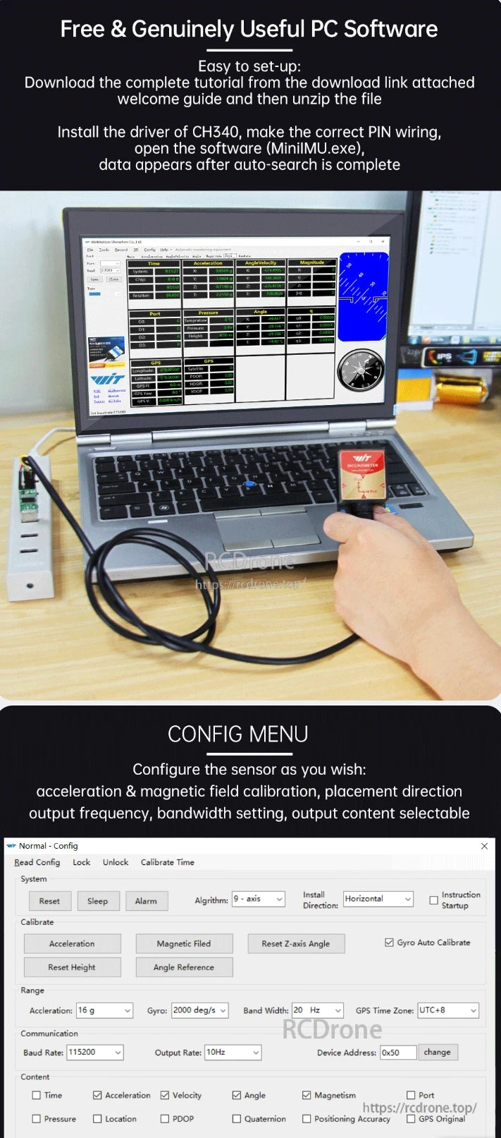Free PC software for WitMotion HWT905 AHRS simplifies setup with CH340 driver, PIN wiring, and MinIMU.exe, offering configurable sensor settings like calibration, output frequency, bandwidth, and data selection.