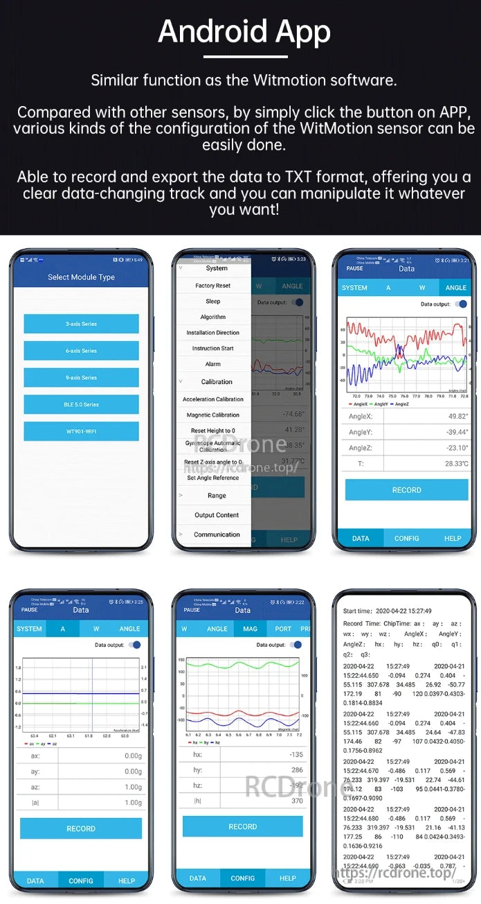WitMotion HWT905 AHRS, WitMotion Android app configures sensors, selects modules, records data, exports to TXT, and displays real-time graphs with calibration for angles, acceleration, and magnetic data.